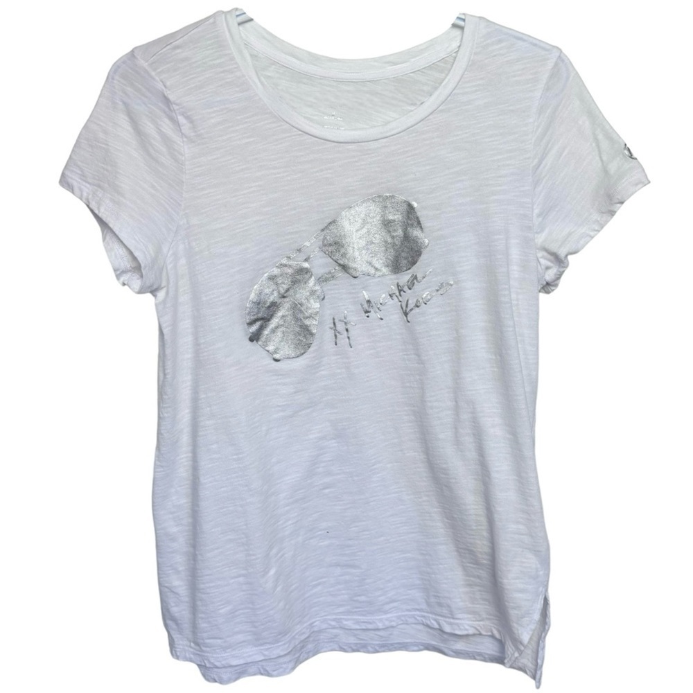 Michael Kors Women’s White w Silver Aviator Logo Print Cotton T-Shirt in Medium
